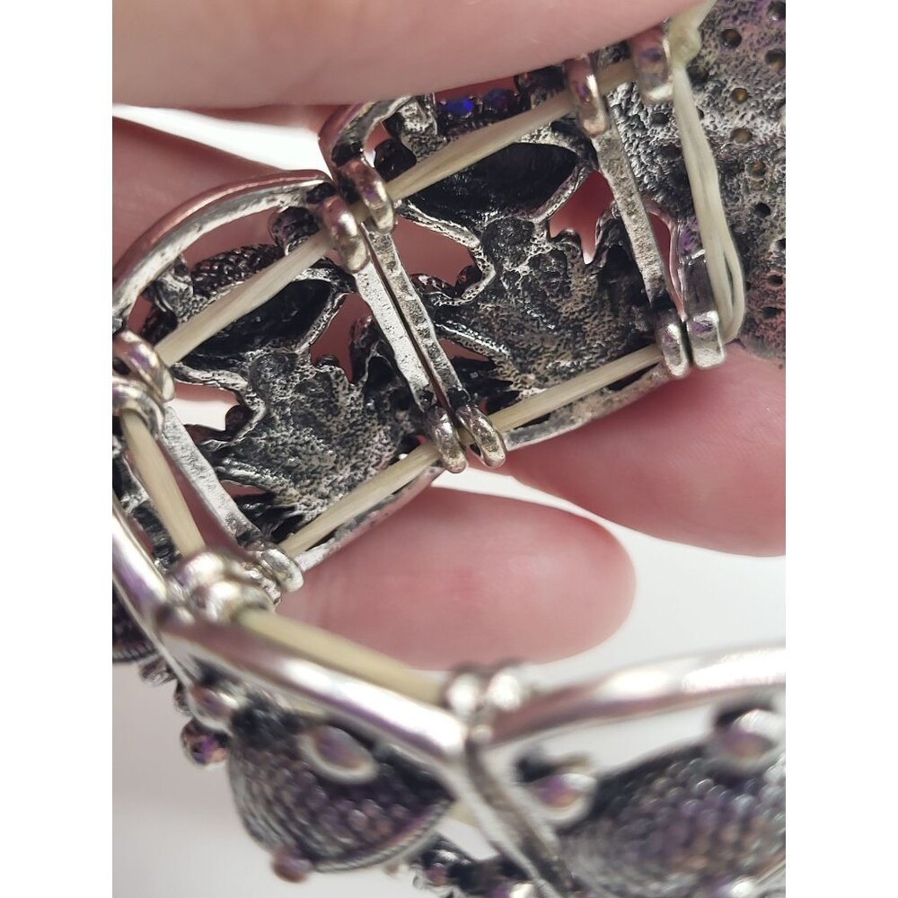 YUHONG Rhinestone Stretch Silver Tone Bracelet FROG Whimsical Bling Fairy Flower - Picture 9 of 12